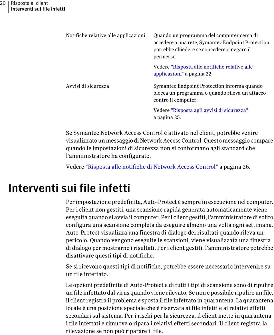 Avvisi di sicurezza Symantec Endpoint Protection informa quando blocca un programma o quando rileva un attacco contro il computer. Vedere "Risposta agli avvisi di sicurezza" a pagina 25.