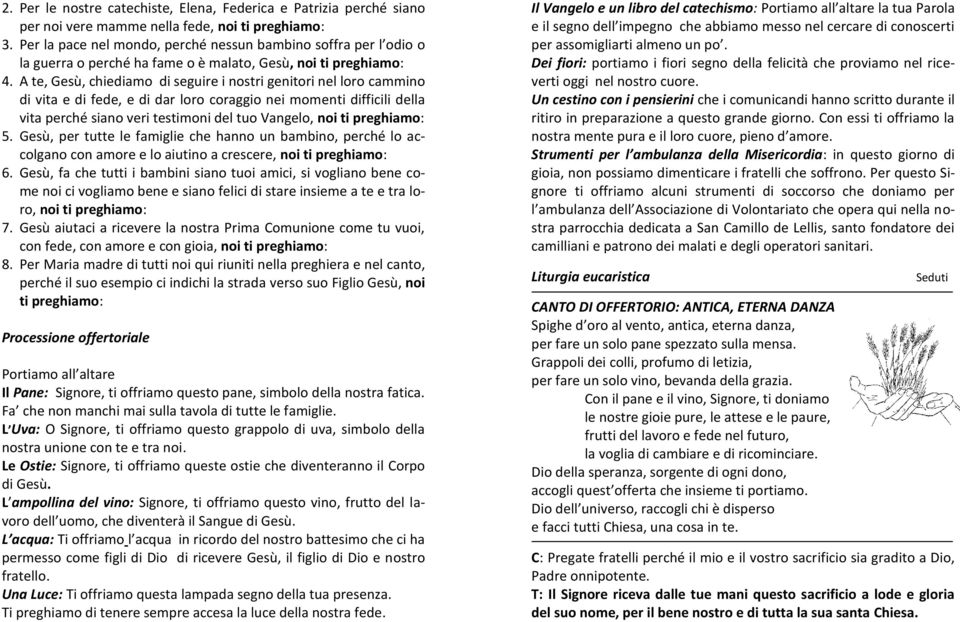 A te, Gesù, chiediamo di seguire i nostri genitori nel loro cammino di vita e di fede, e di dar loro coraggio nei momenti difficili della vita perché siano veri testimoni del tuo Vangelo, noi ti