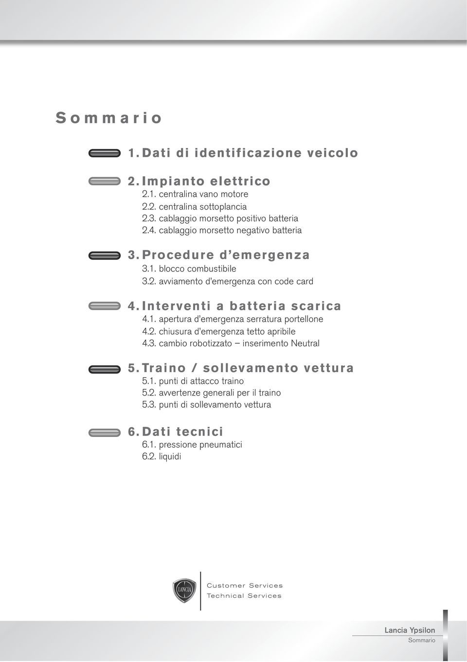 Interventi a batteria scarica 4.1. apertura d emergenza serratura portellone 4.2. chiusura d emergenza tetto apribile 4.3. cambio robotizzato inserimento Neutral 5. Traino / sollevamento vettura 5.1. punti di attacco traino 5.