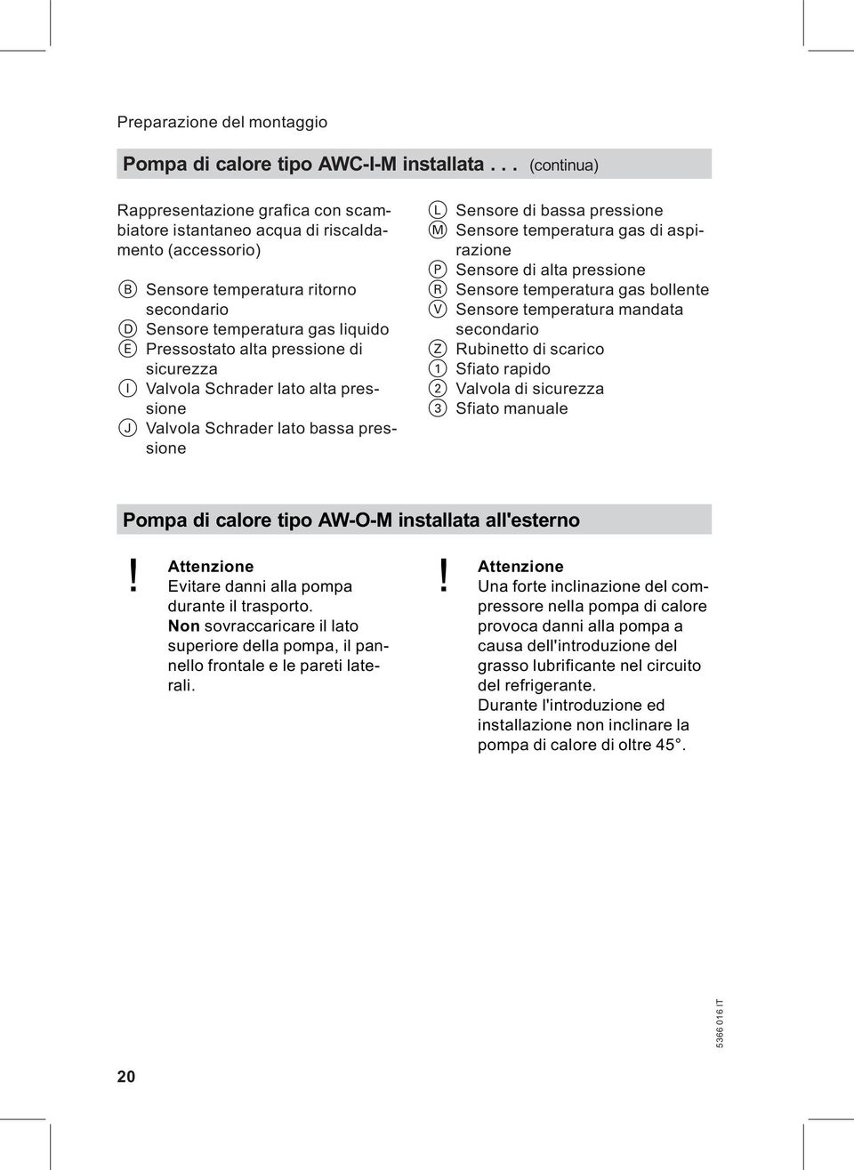 pressione di sicurezza I Valvola Schrader lato alta pressione J Valvola Schrader lato bassa pressione L Sensore di bassa pressione M Sensore temperatura gas di aspirazione P Sensore di alta pressione