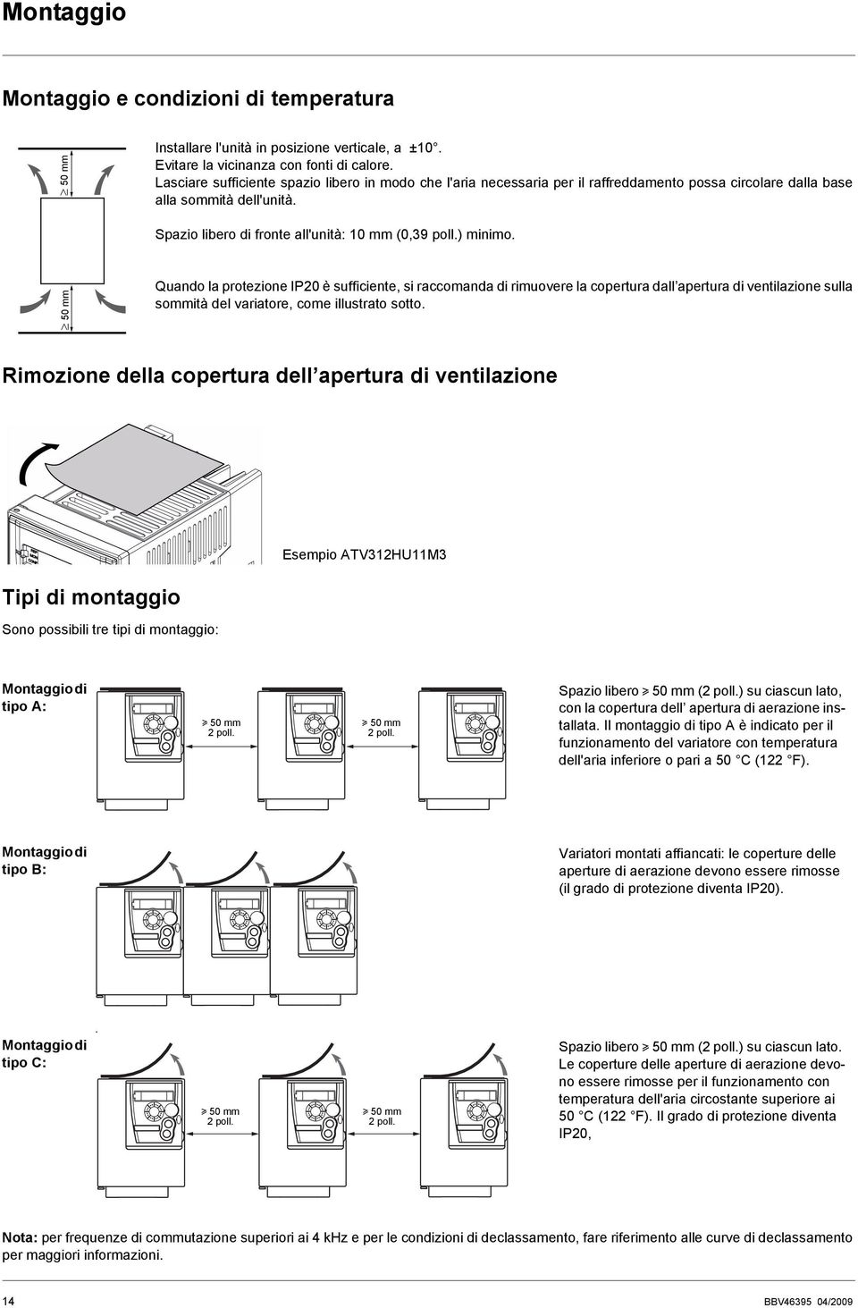 50 Quando la protezione IP20 è sufficiente, si raccomanda di rimuovere la copertura dall apertura di ventilazione sulla soità del variatore, come illustrato sotto.