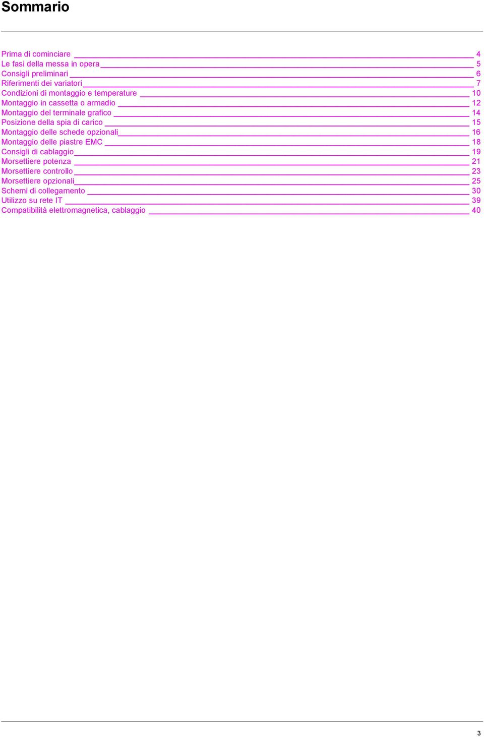 15 Montaggio delle schede opzionali 16 Montaggio delle piastre EMC 18 Consigli di cablaggio 19 Morsettiere potenza 21 Morsettiere