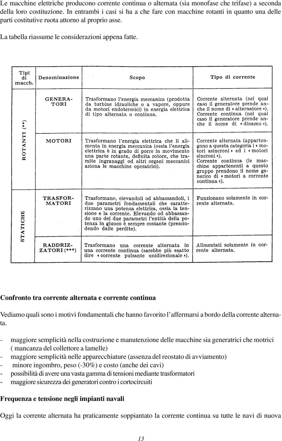 Confronto tra corrente alternata e corrente continua Vediamo quali sono i motivi fondamentali che hanno favorito l affermarsi a bordo della corrente alternata.