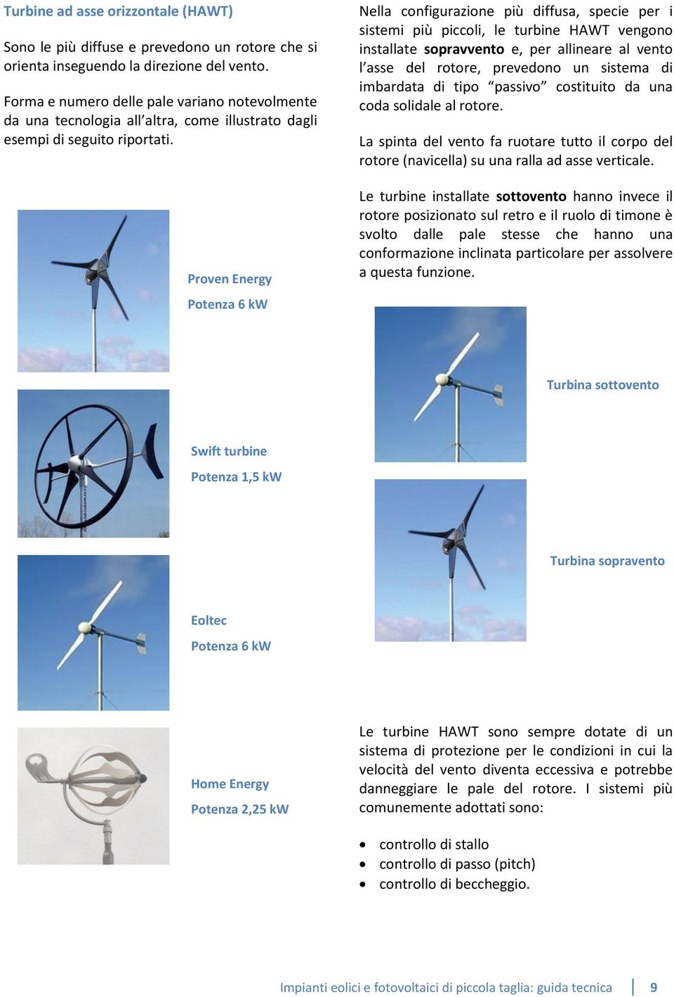 Proven Energy Potenza 6 kw Nella configurazione più diffusa, specie per i sistemi più piccoli, le turbine HAWT vengono installate sopravvento e, per allineare al vento l asse del rotore, prevedono un