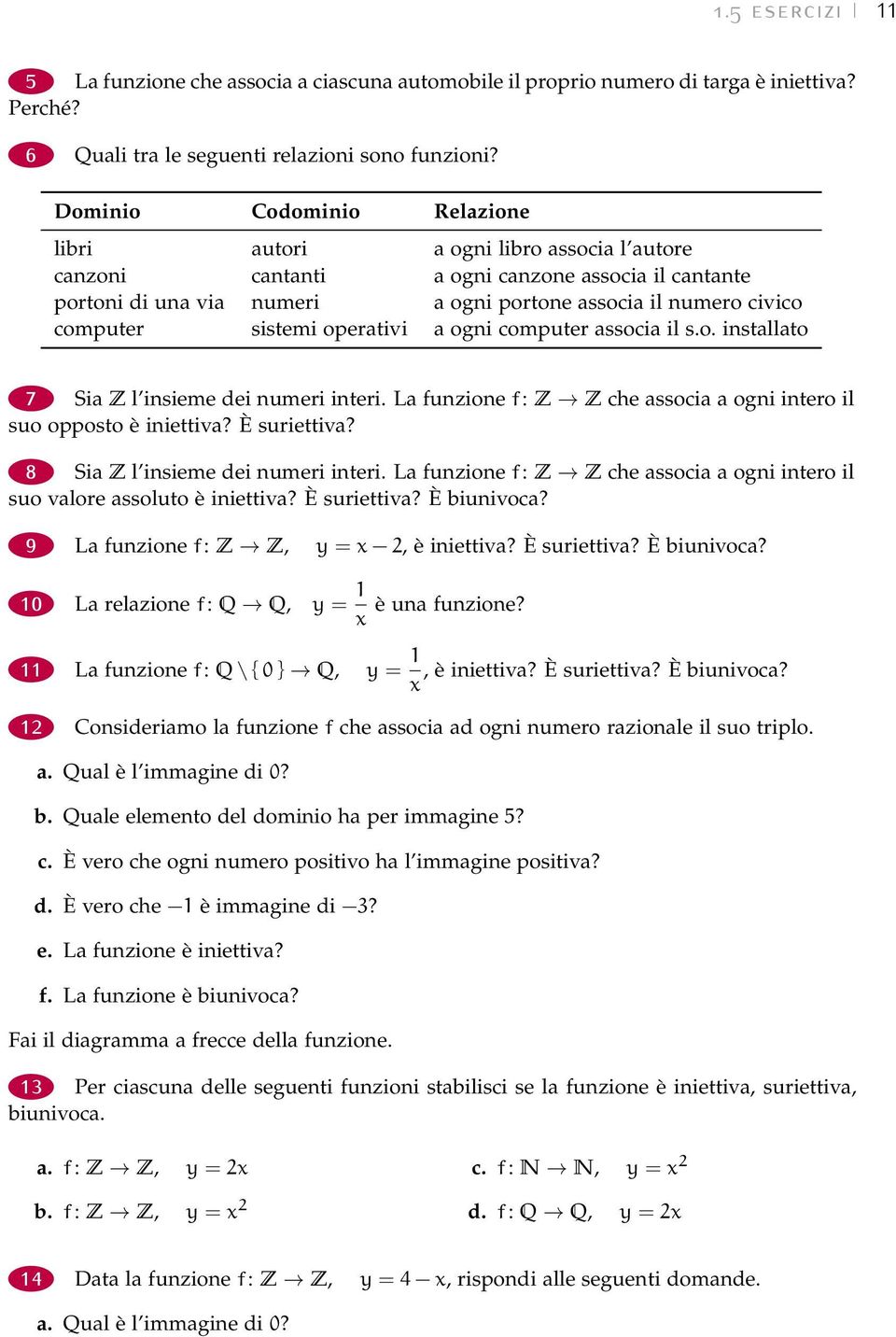 sistemi operativi a ogni computer associa il s.o. installato 7 Sia Z l insieme dei numeri interi. La funzione f: Z Z che associa a ogni intero il suo opposto è iniettiva? È suriettiva?