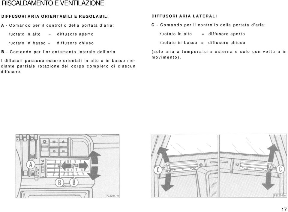 diffusore chiuso ruotato in basso = diffusore chiuso B - Comando per l'orientamento laterale dell'aria I diffusori possono essere orientati in