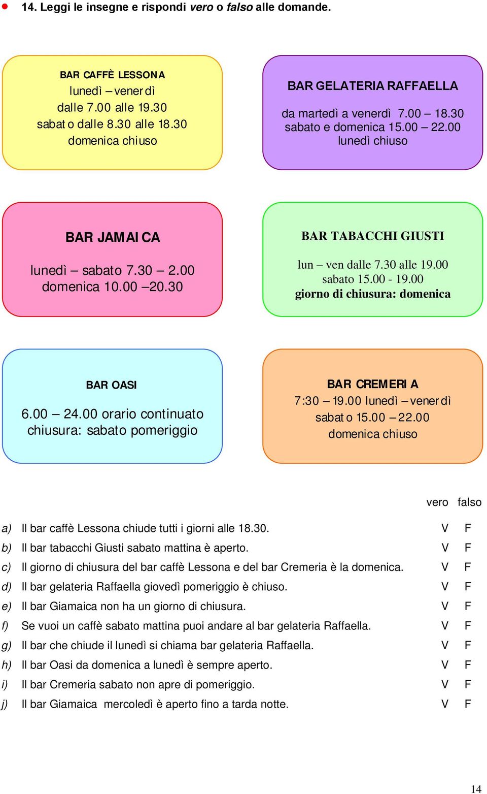 30 BAR TABACCHI GIUSTI lun ven dalle 7.30 alle 19.00 sabato 15.00-19.00 giorno di chiusura: domenica Vero o falso? BAR OASI 6.00 24.