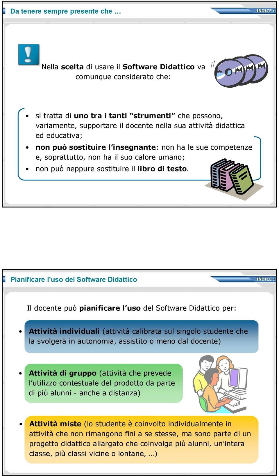 Pianificare l uso del Software Didattico Il docente può pianificare l uso del Software Didattico per: Attività individuali (attività calibrata sul singolo studente che la svolgerà in autonomia,