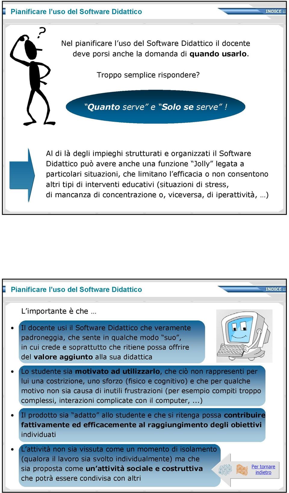 interventi educativi (situazioni di stress, di mancanza di concentrazione o, viceversa, di iperattività, ) Pianificare l uso del Software Didattico L importante è che Il docente usi il Software