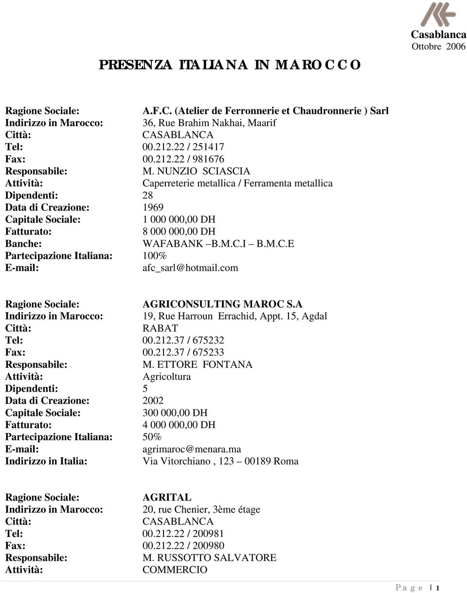 com AGRICONSULTING MAROC S.A Indirizzo in Marocco: 19, Rue Harroun Errachid, Appt. 15, Agdal RABAT Tel: 00.212.37 / 675232 Fax: 00.212.37 / 675233 M.