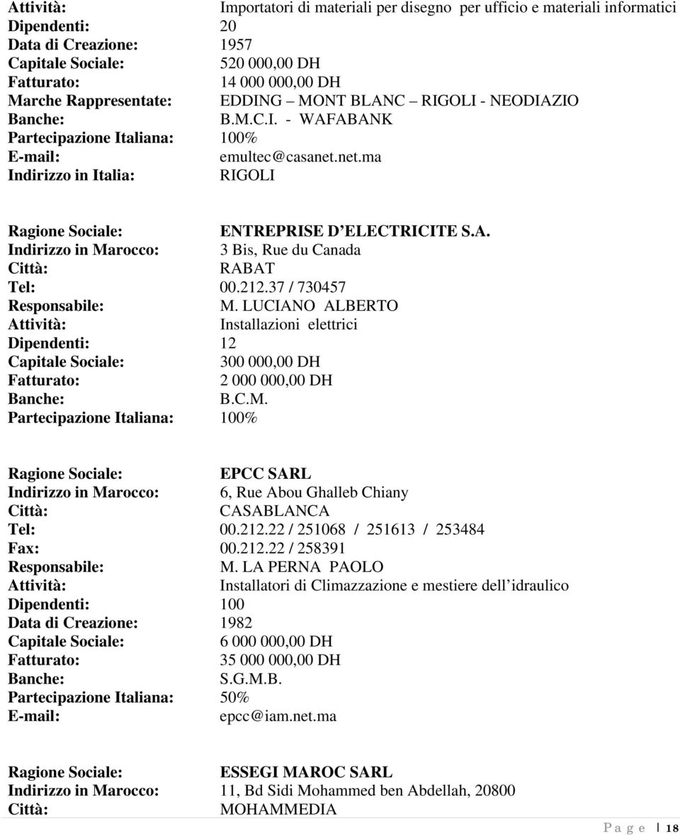 LUCIANO ALBERTO Installazioni elettrici Dipendenti: 12 300 000,00 DH 2 000 000,00 DH B.C.M. EPCC SARL Indirizzo in Marocco: 6, Rue Abou Ghalleb Chiany Tel: 00.212.