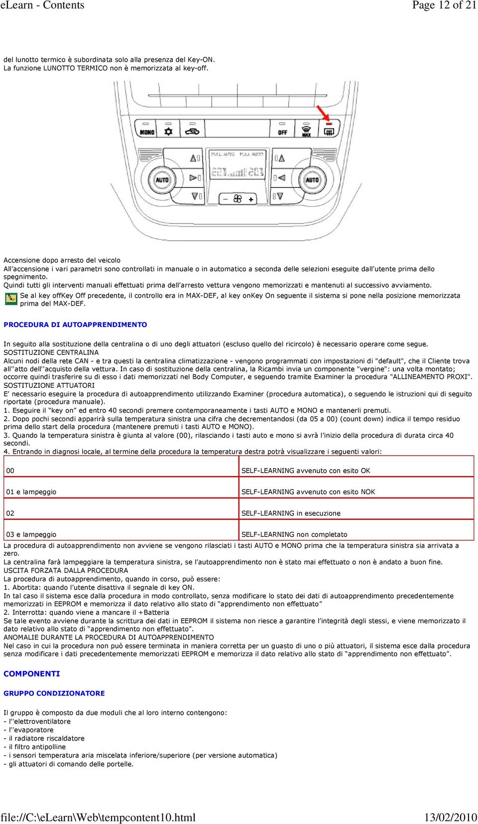 Quindi tutti gli interventi manuali effettuati prima dell arresto vettura vengono memorizzati e mantenuti al successivo avviamento.