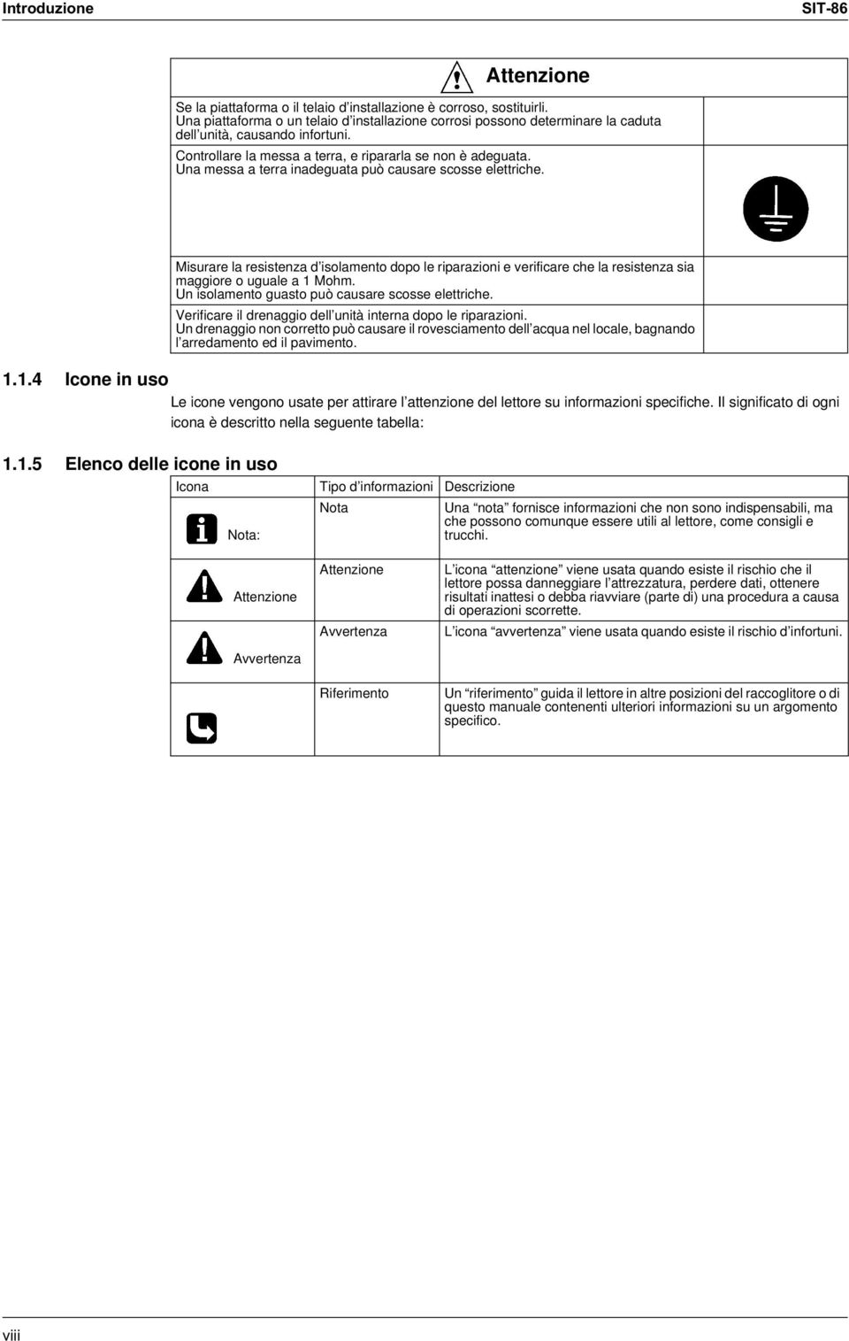 Una messa a terra inadeguata può causare scosse elettriche. 1.1.4 Icone in uso Le icone vengono usate per attirare l attenzione del lettore su informazioni specifiche.