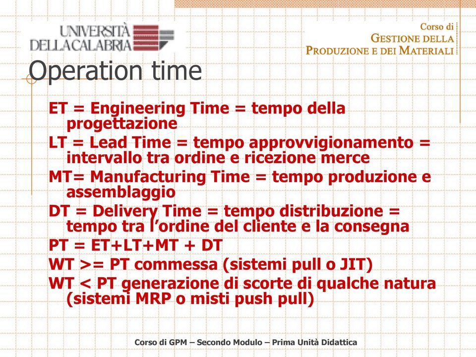 distribuzione = tempo tra l ordine del cliente e la consegna PT = ET+LT+MT + DT WT >= PT commessa (sistemi pull o JIT)