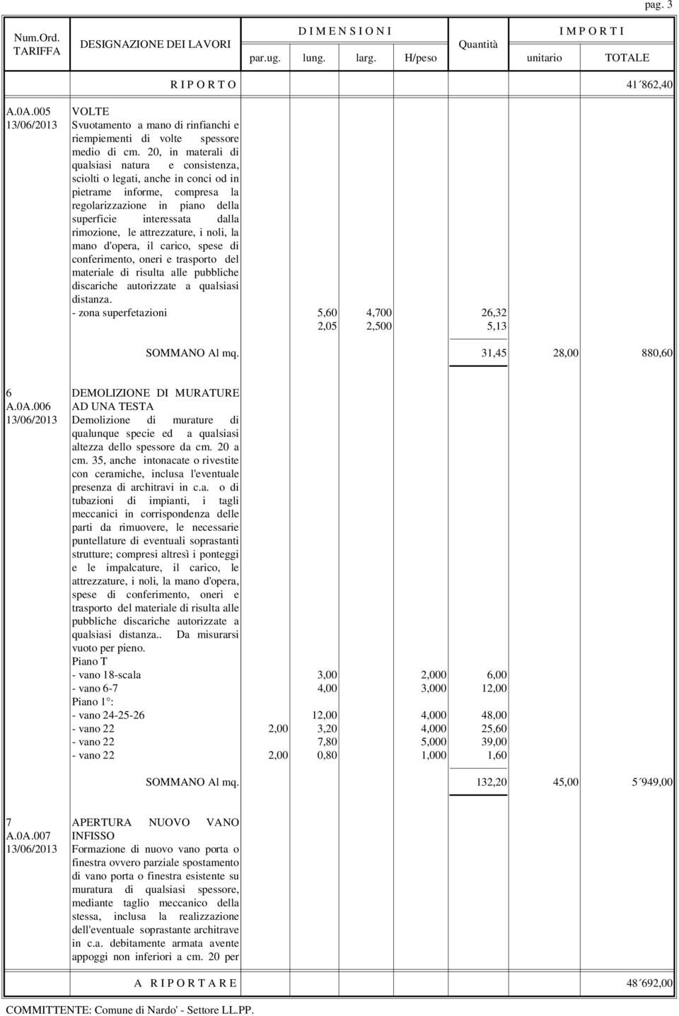 attrezzature, i noli, la mano d'opera, il carico, spese di conferimento, oneri e trasporto del materiale di risulta alle pubbliche discariche autorizzate a qualsiasi distanza.