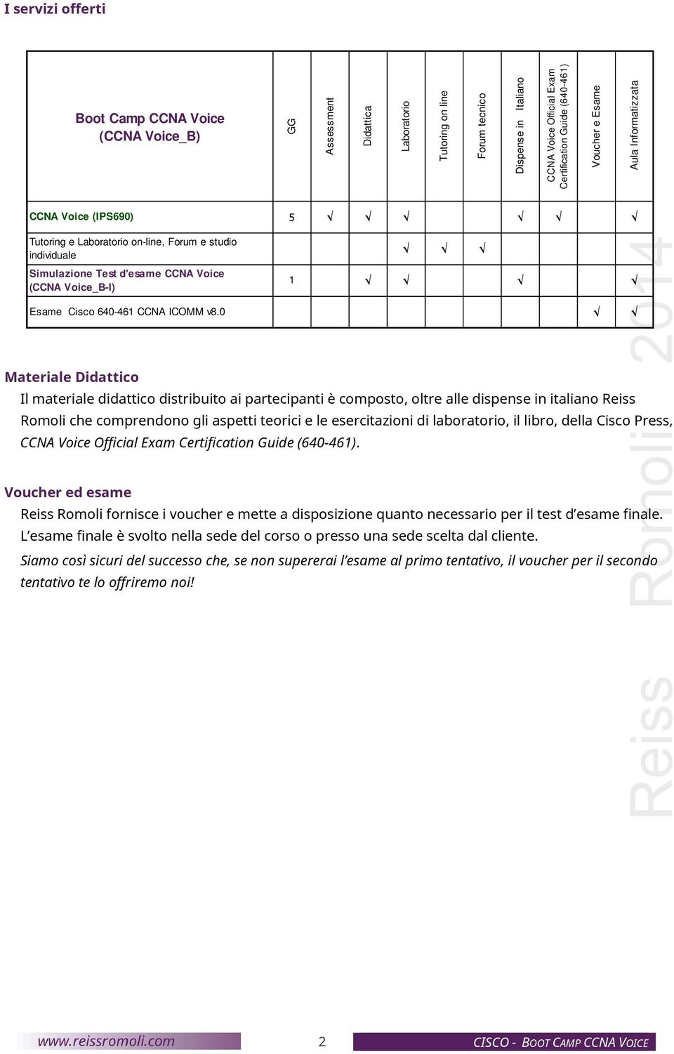 materiale didattico distribuito ai partecipanti è composto, oltre alle dispense in italiano Reiss Romoli che comprendono gli aspetti teorici e le esercitazioni di laboratorio, il libro, della Cisco