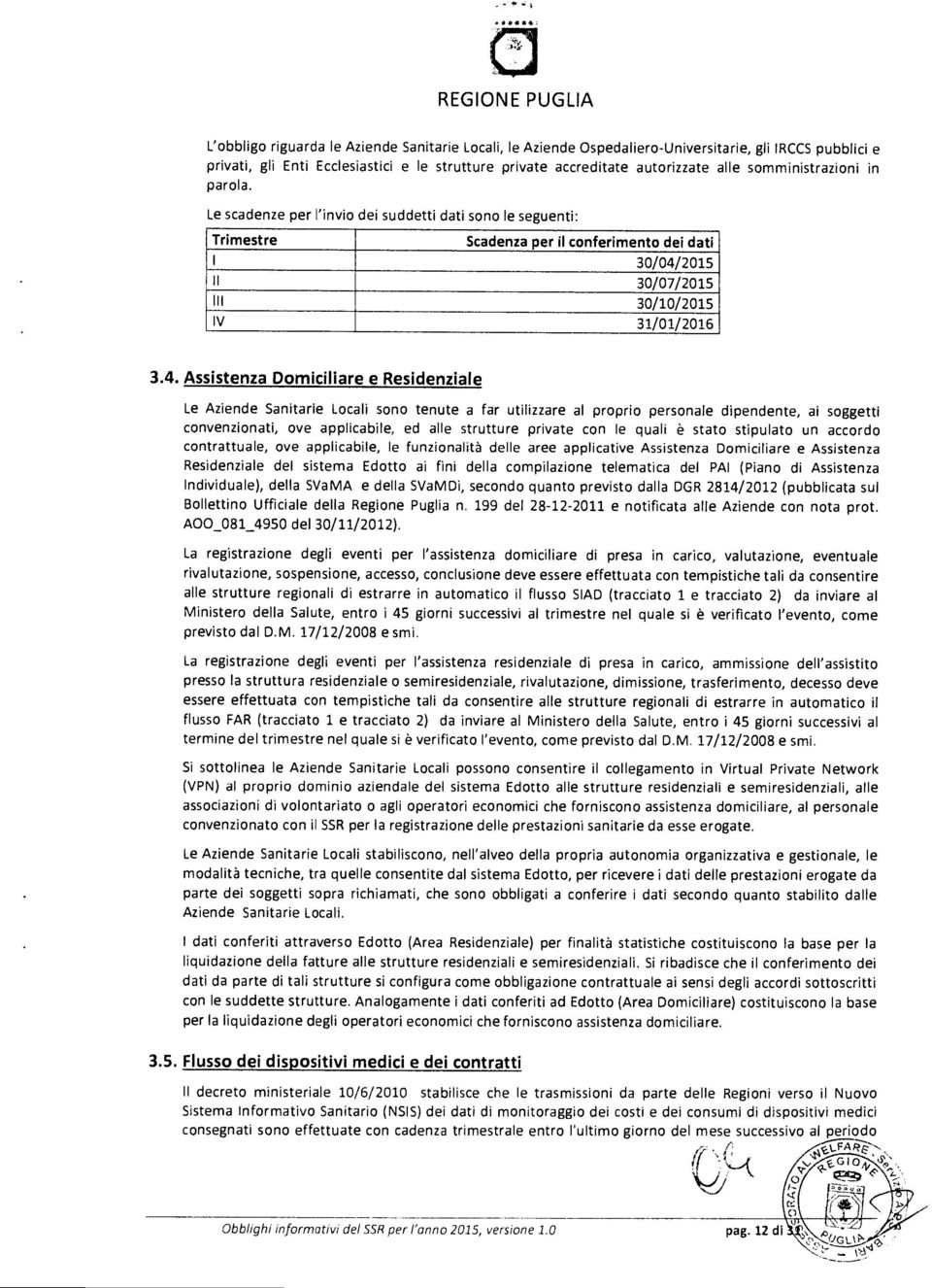 Le scadenze per l'invio dei suddetti dati sono le seguenti: Trimestre Scadenza per il conferimento dei dati 30/04/