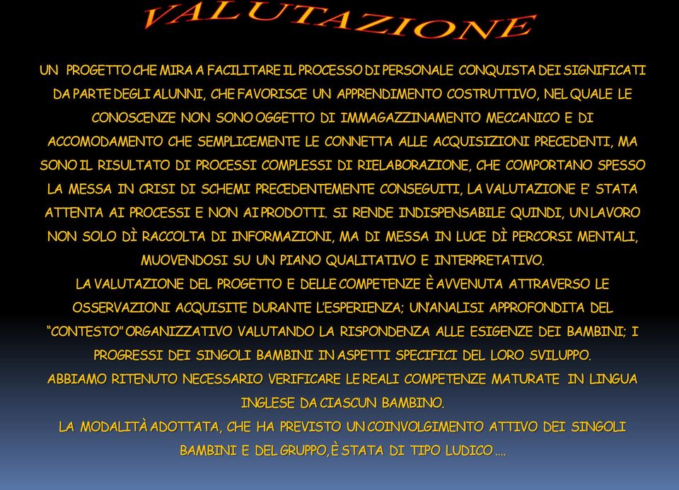 IN CRISI DI SCHEMI PRECEDENTEMENTE CONSEGUITI, LA VALUTAZIONE E STATA ATTENTA AI PROCESSI E NON AI PRODOTTI.