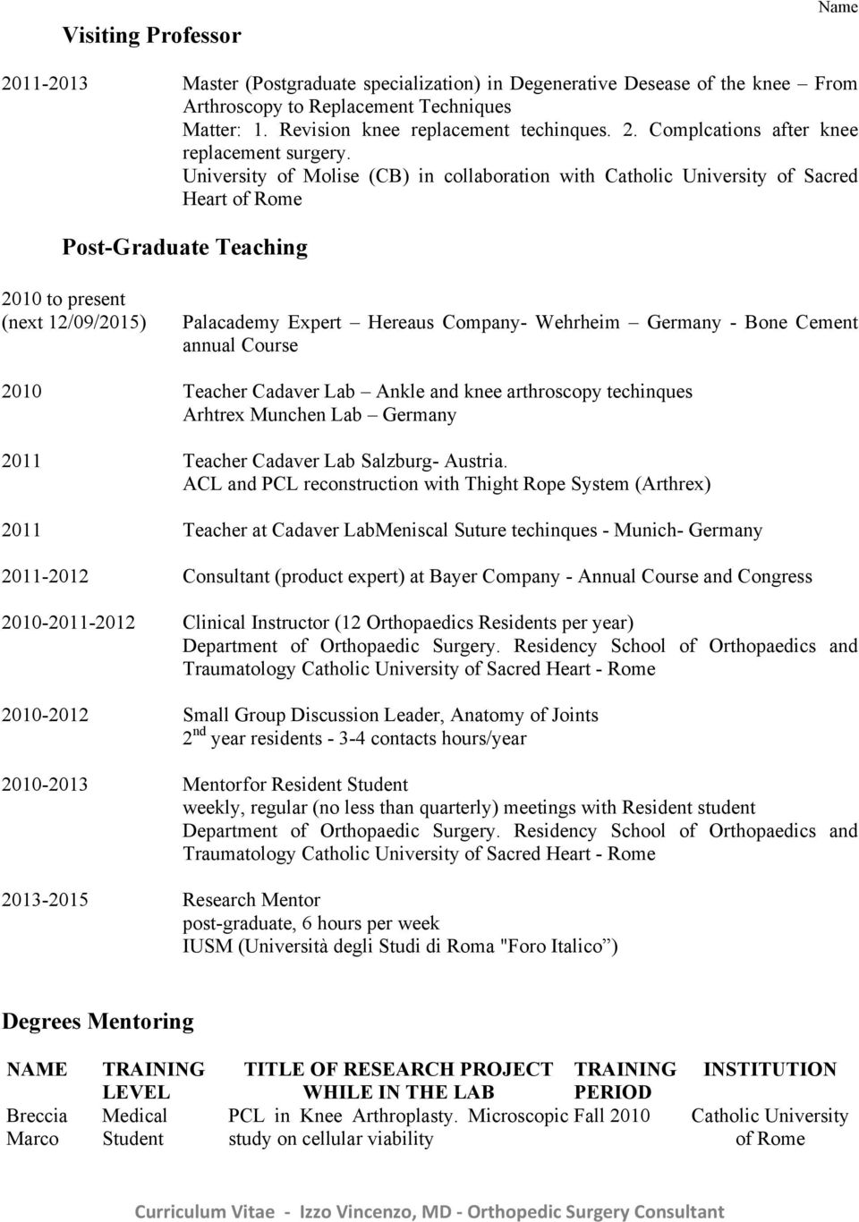 University of Molise (CB) in collaboration with Catholic University of Sacred Heart of Rome Post-Graduate Teaching 2010 to present (next 12/09/2015) Palacademy Expert Hereaus Company- Wehrheim