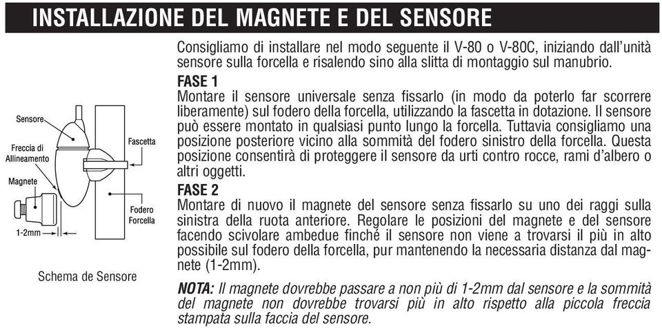 Il sensore può essere montato in qualsiasi punto lungo la forcella. Tuttavia consigliamo una posizione posteriore vicino alla sommità del fodero sinistro della forcella.