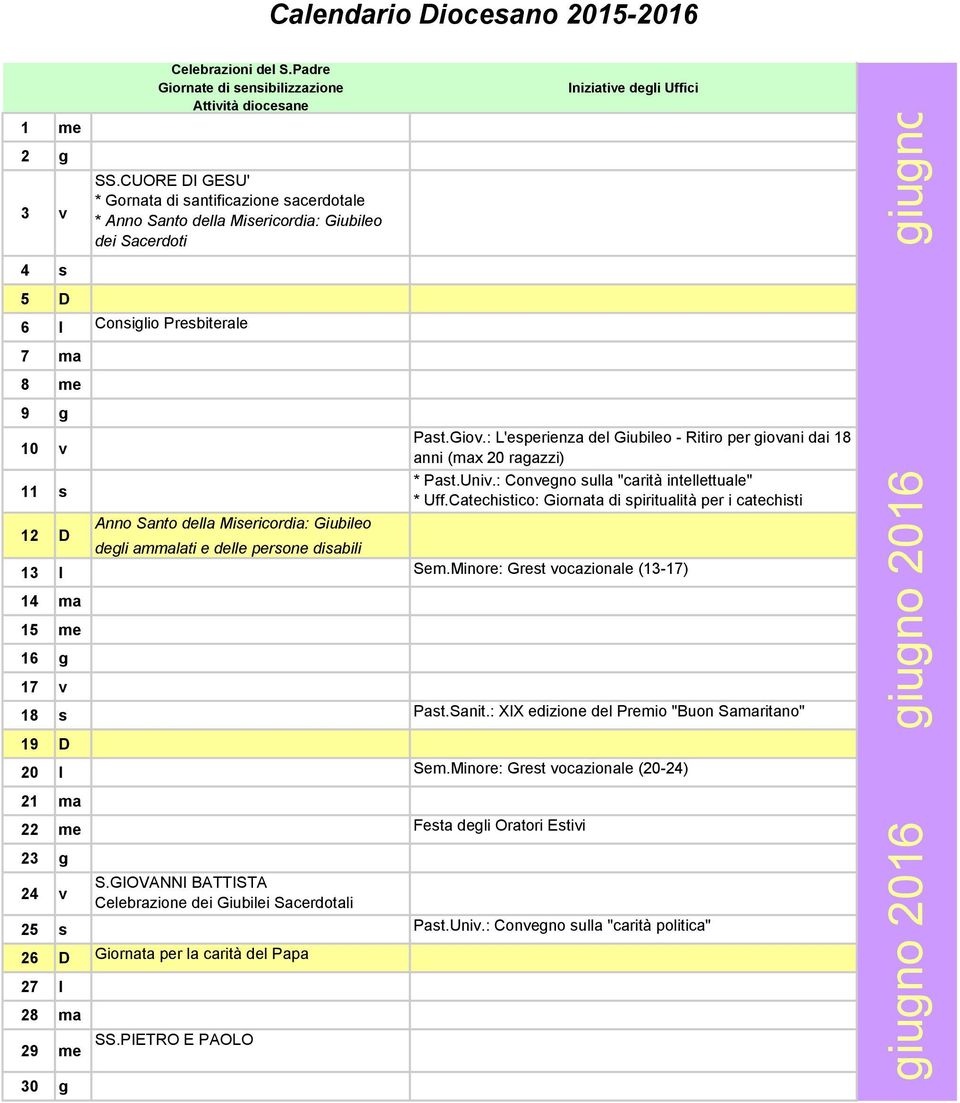 : L'esperienza del Giubileo - Ritiro per giovani dai 18 anni (max 20 ragazzi) 11 s * Past.Univ.: Convegno sulla "carità intellettuale" * Uff.