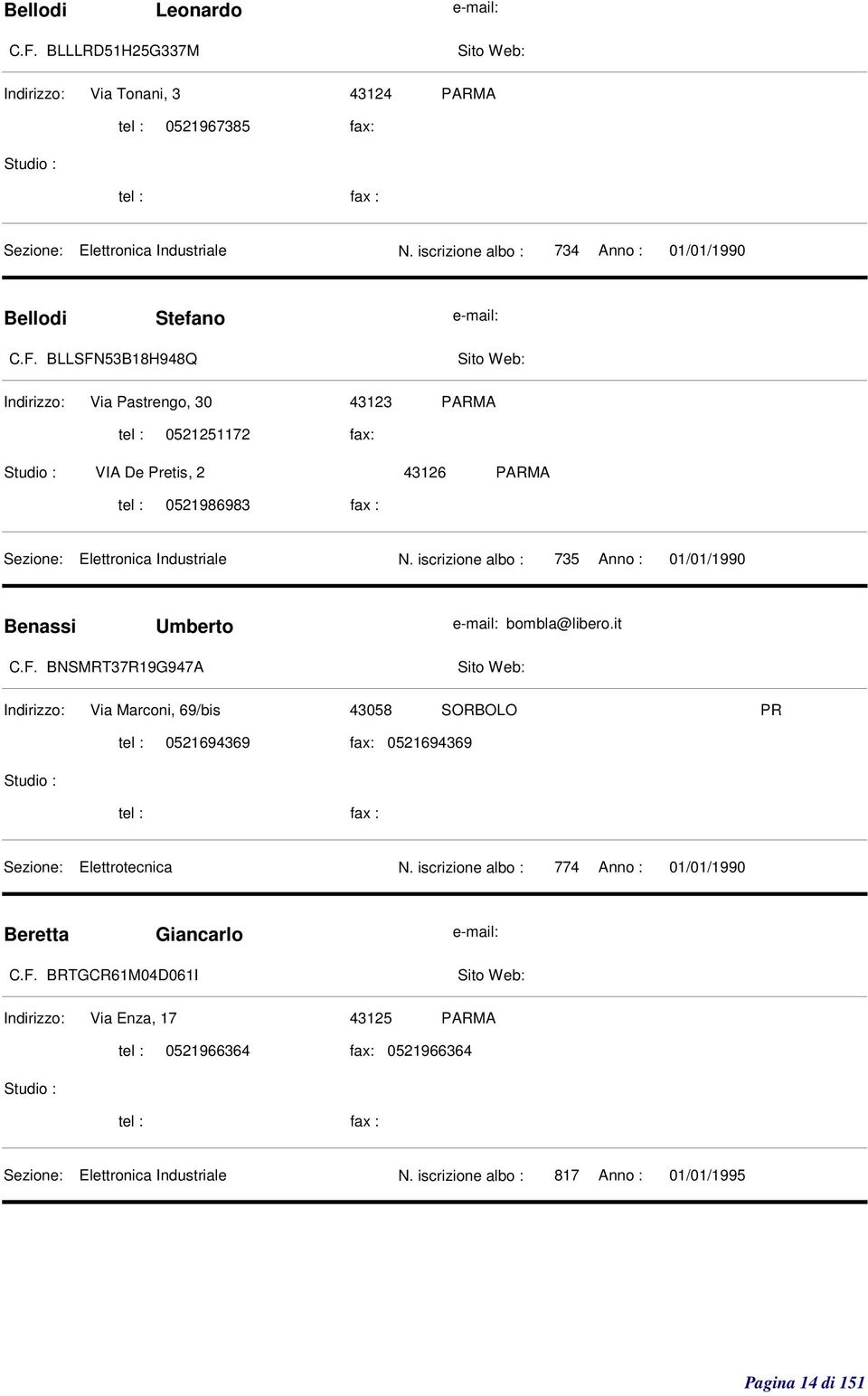 BNSMRT37R19G947A Indirizzo: Via Marconi, 69/bis 43058 SORBOLO tel : 0521694369 fax: 0521694369 Sezione: Elettrotecnica N. iscrizione albo : 774 Anno : 01/01/1990 Beretta Giancarlo C.F.