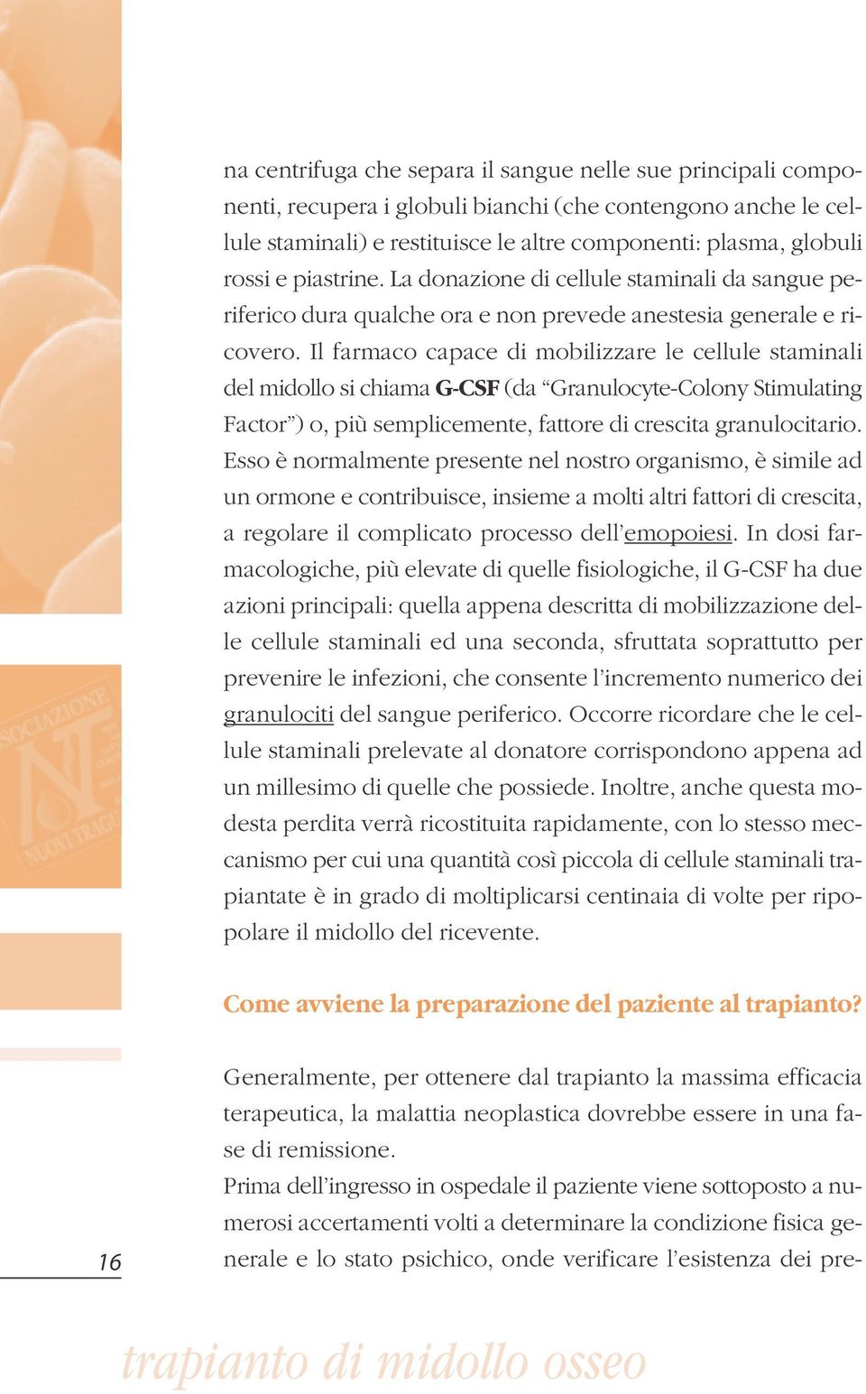 Il farmaco capace di mobilizzare le cellule staminali del midollo si chiama G-CSF (da Granulocyte-Colony Stimulating Factor ) o, più semplicemente, fattore di crescita granulocitario.