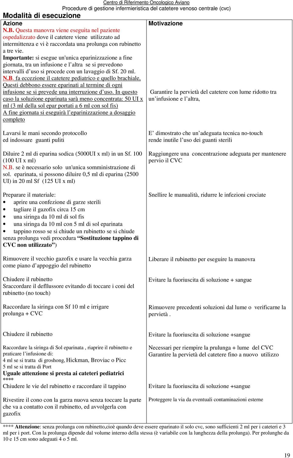 fa eccezione il catetere pediatrico e quello brachiale, Questi debbono essere eparinati al termine di ogni infusione se si prevede una interruzione d uso.