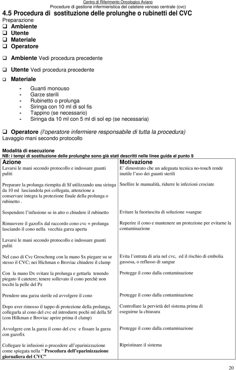 responsabile di tutta la procedura) Lavaggio mani secondo protocollo Modalità di esecuzione NB: i tempi di sostituzione delle prolunghe sono già stati descritti nelle linee guida al punto 9 Azione