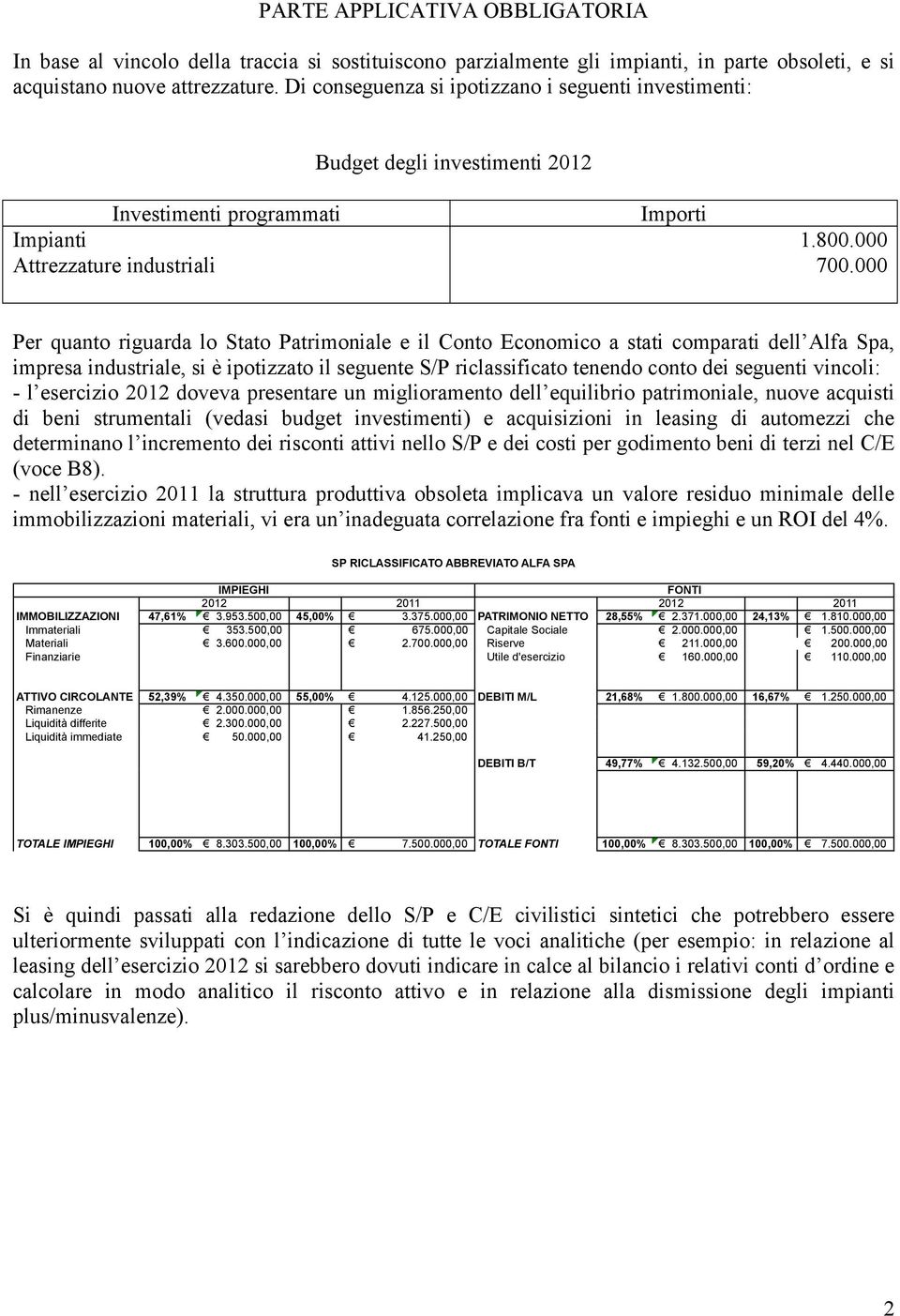 000 Per quanto riguarda lo Stato Patrimoniale e il Conto Economico a stati comparati dell Alfa Spa, impresa industriale, si è ipotizzato il seguente S/P riclassificato tenendo conto dei seguenti