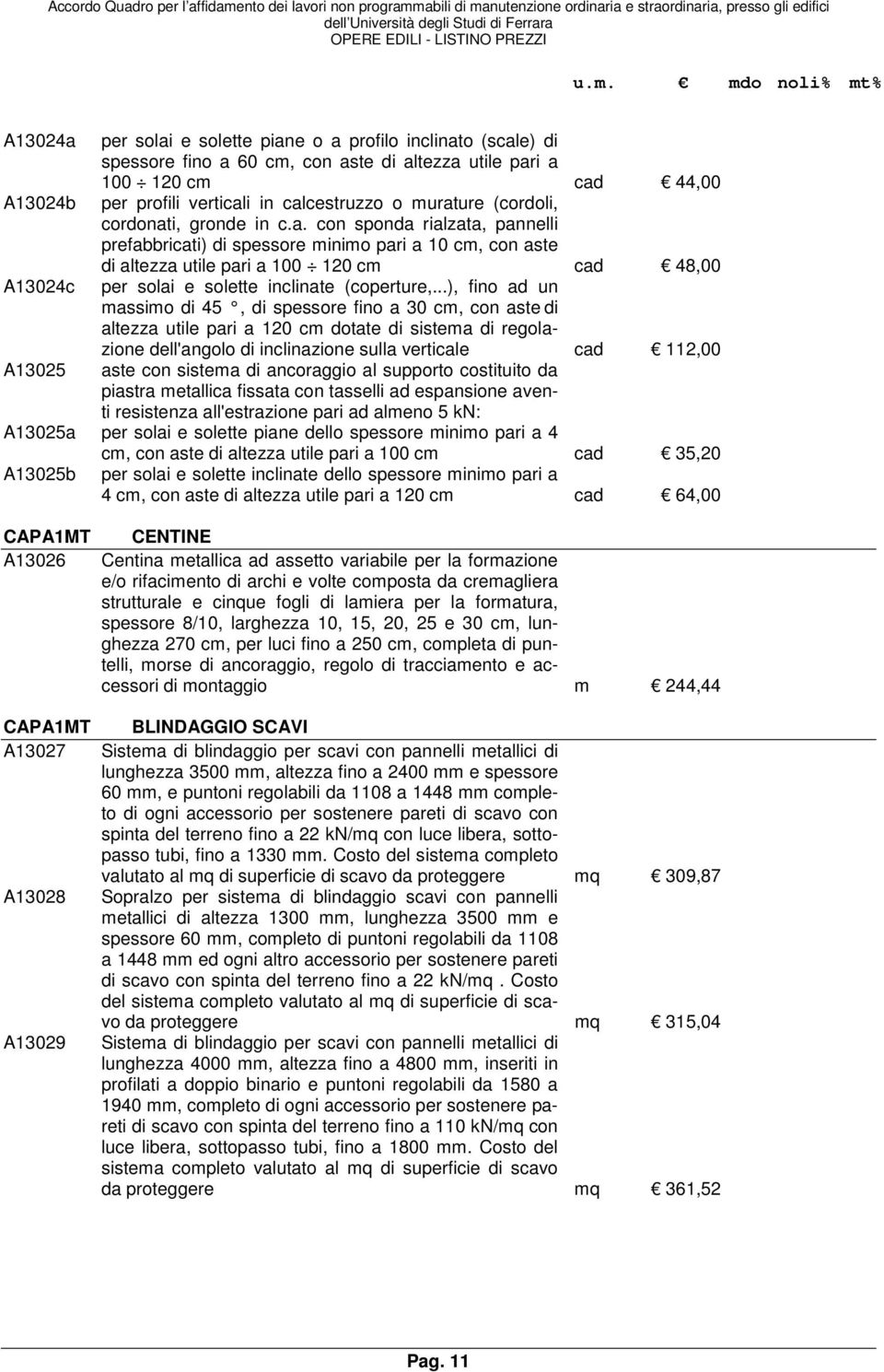 ..), fino ad un massimo di 45, di spessore fino a 30 cm, con aste di altezza utile pari a 120 cm dotate di sistema di regolazione dell'angolo di inclinazione sulla verticale cad 112,00 A13025 aste