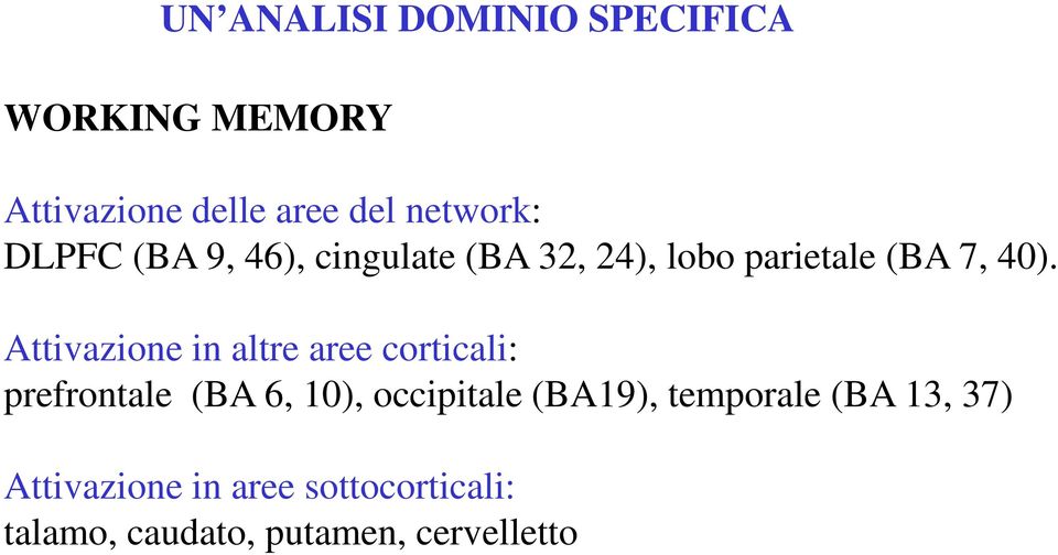 Attivazione in altre aree corticali: prefrontale (BA 6, 10), occipitale (BA19), temporale