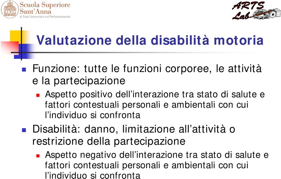 individuo si confronta Disabilità: danno, limitazione all attivitàattività o restrizione della partecipazione