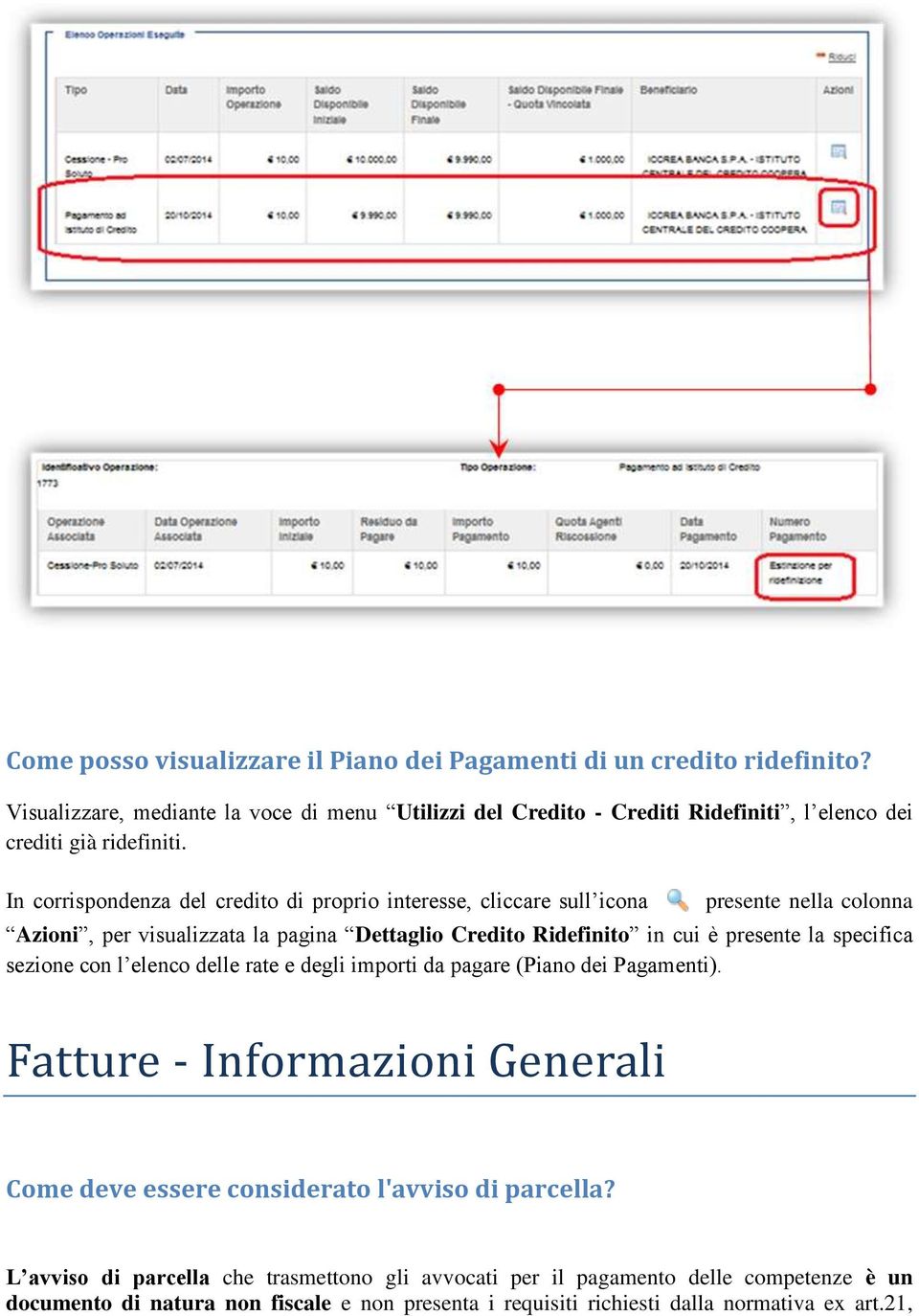 In corrispondenza del credito di proprio interesse, cliccare sull icona presente nella colonna Azioni, per visualizzata la pagina Dettaglio Credito Ridefinito in cui è presente la