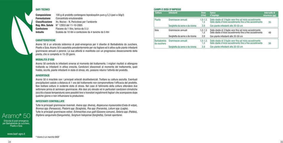 diserbo di Barbabietola da zucchero, Pisello e Soia. Aramo 50 è assorbito prevalentemente per via fogliare ed è attivo sulle piante infestanti graminacee annuali e perenni.