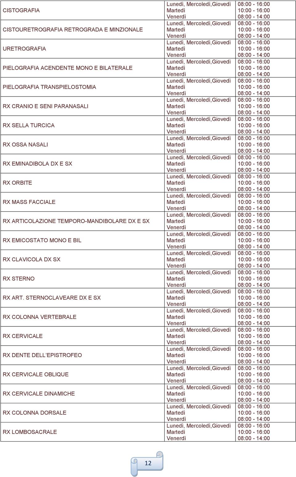 STERNOCLAVEARE DX E SX RX COLONNA VERTEBRALE RX CERVICALE RX DENTE DELL EPISTROFEO RX CERVICALE OBLIQUE RX CERVICALE DINAMICHE RX COLONNA DORSALE RX LOMBOSACRALE Lunedì,, Lunedì,,
