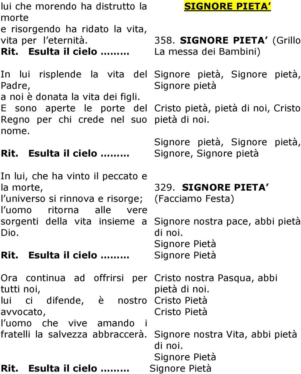 Esulta il cielo In lui, che ha vinto il peccato e la morte, l universo si rinnova e risorge; l uomo ritorna alle vere sorgenti della vita insieme a Dio. Esulta il cielo SIGNORE PIETA 358.