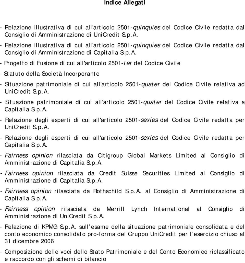 UniCredit S.p.A. - Situazione patrimoniale di cui all'articolo 2501-quater del Codice Civile relativa a Capitalia S.p.A. - Relazione degli esperti di cui all'articolo 2501-sexies del Codice Civile redatta per UniCredit S.