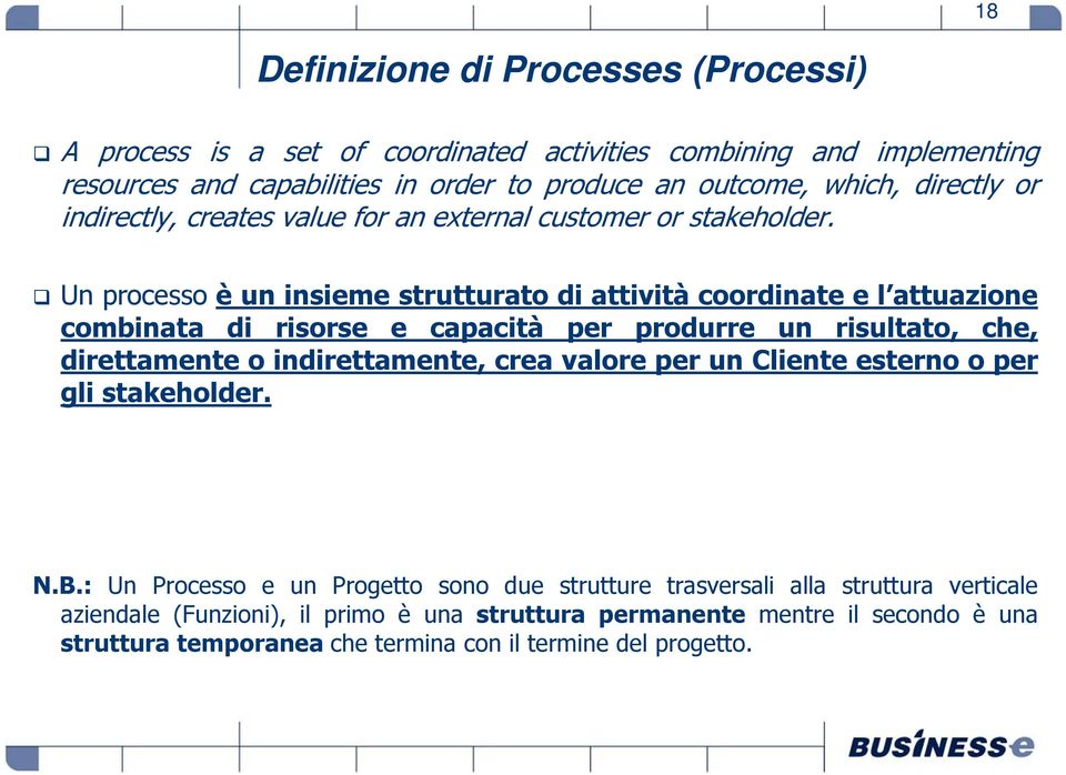 Un processo è un insieme strutturato di attività coordinate e l attuazione combinata di risorse e capacità per produrre un risultato, che, direttamente o indirettamente, crea