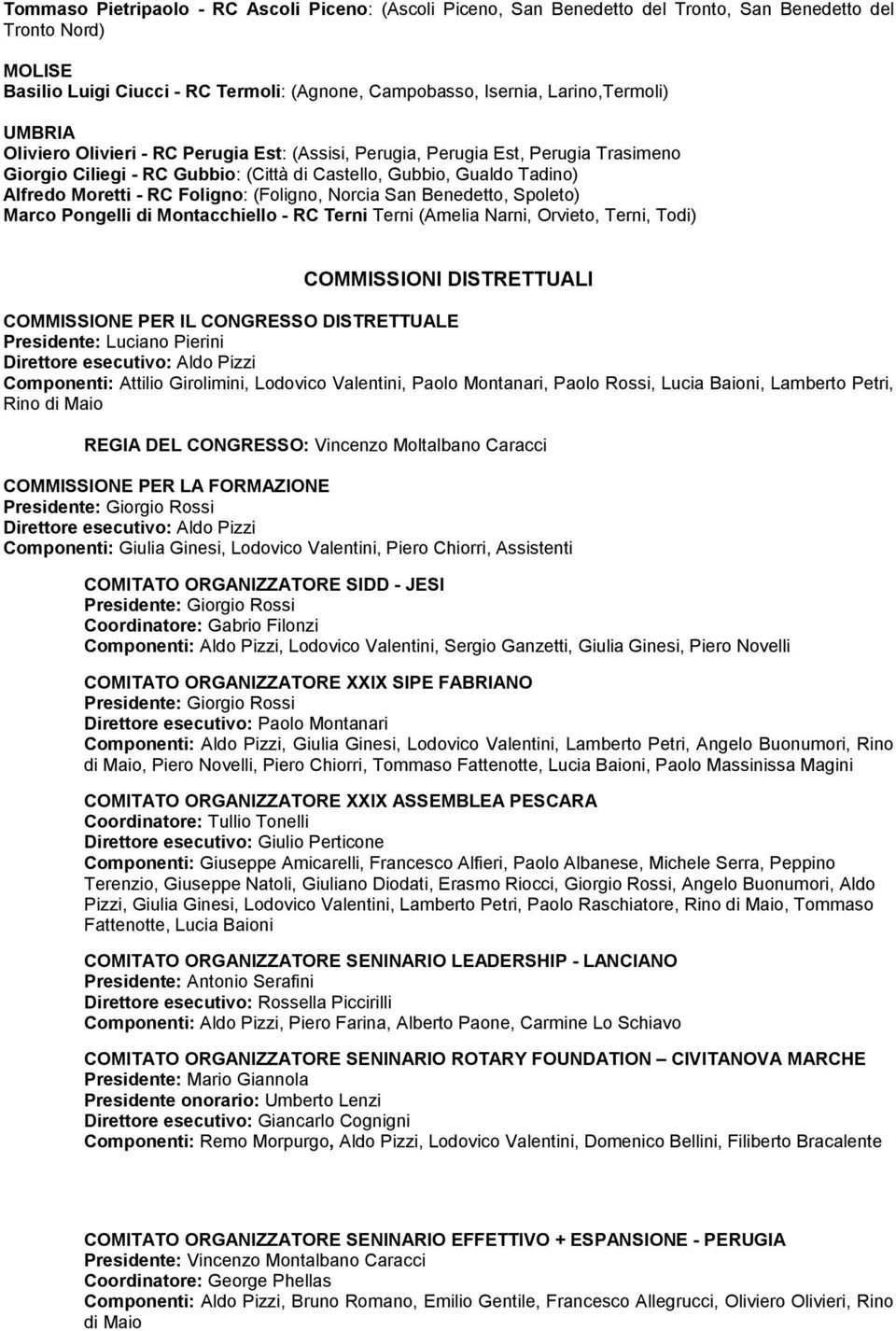 RC Foligno: (Foligno, Norcia San Benedetto, Spoleto) Marco Pongelli di Montacchiello - RC Terni Terni (Amelia Narni, Orvieto, Terni, Todi) COMMISSIONI DISTRETTUALI COMMISSIONE PER IL CONGRESSO