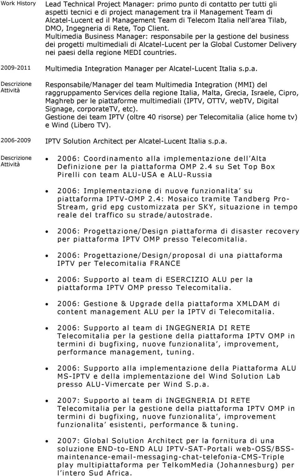 Multimedia Business Manager: responsabile per la gestione del business dei progetti multimediali di Alcatel-Lucent per la Global Customer Delivery nei paesi della regione MEDI countries.