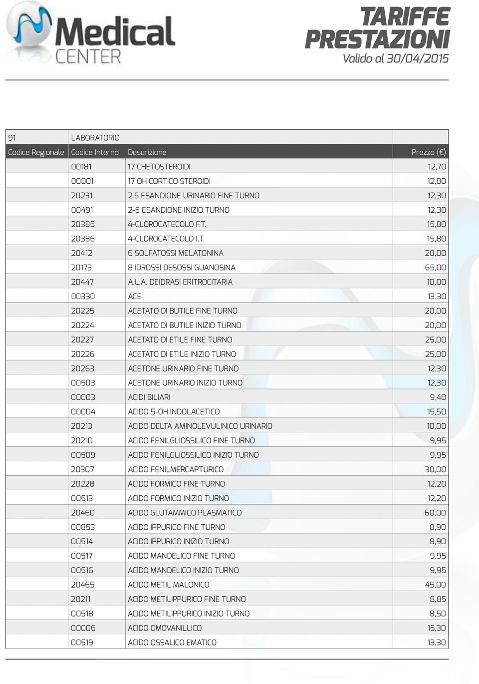 L.A. DEIDRASI ERITROCITARIA 10,00 00330 ACE 13,30 20225 ACETATO DI BUTILE FINE TURNO 20,00 20224 ACETATO DI BUTILE INIZIO TURNO 20,00 20227 ACETATO DI ETILE FINE TURNO 25,00 20226 ACETATO DI ETILE