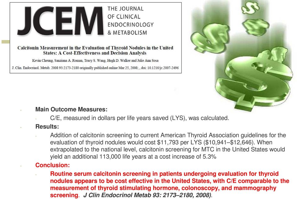 When extrapolated to the national level, calcitonin screening for MTC in the United States would yield an additional 113,000 life years at a cost increase of 5.