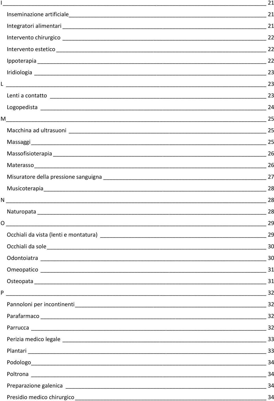 Musicoterapia 28 N 28 Naturopata 28 O 29 Occhiali da vista (lenti e montatura) 29 Occhiali da sole 30 Odontoiatra 30 Omeopatico 31 Osteopata 31 P 32
