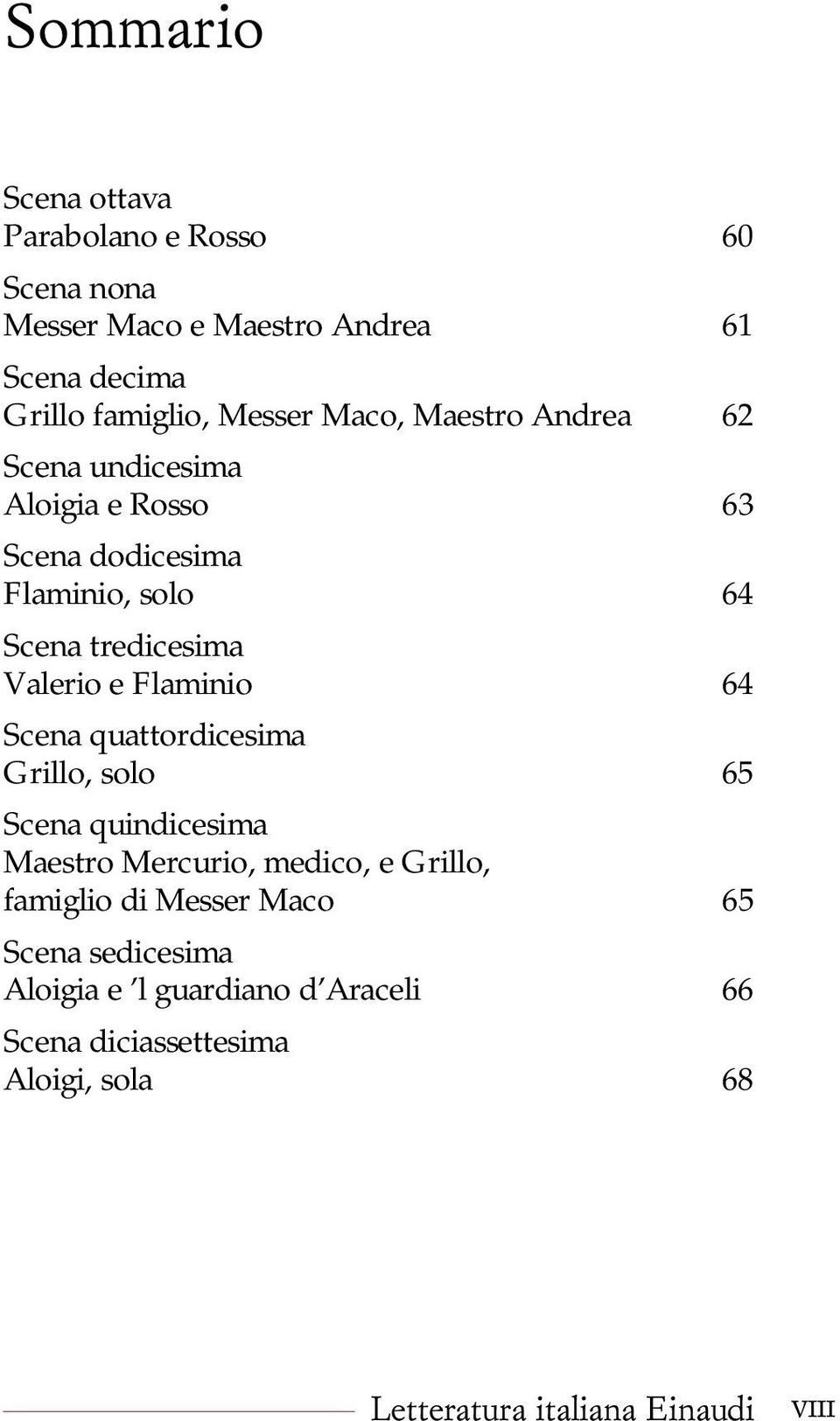 tredicesima Valerio e Flaminio 64 Scena quattordicesima Grillo, solo 65 Scena quindicesima Maestro Mercurio, medico, e