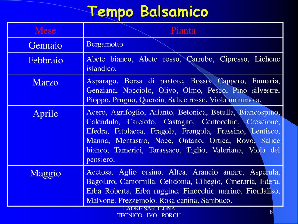 Acero, Agrifoglio, Ailanto, Betonica, Betulla, Biancospino, Calendula, Carciofo, Castagno, Centocchio, Crescione, Efedra, Fitolacca, Fragola, Frangola, Frassino, Lentisco, Manna, Mentastro, Noce,