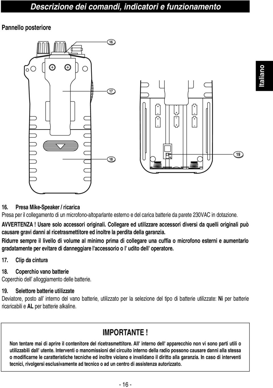 Collegare ed utilizzare accessori diversi da quelli originali può causare gravi danni al ricetrasmettitore ed inoltre la perdita della garanzia.