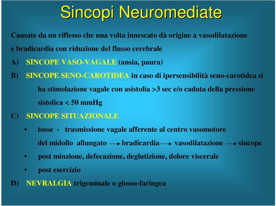 e/o caduta della pressione sistolica < 50 mmhg C) SINCOPE SITUAZIONALE tosse - trasmissione vagale afferente al centro vasomotore del midollo