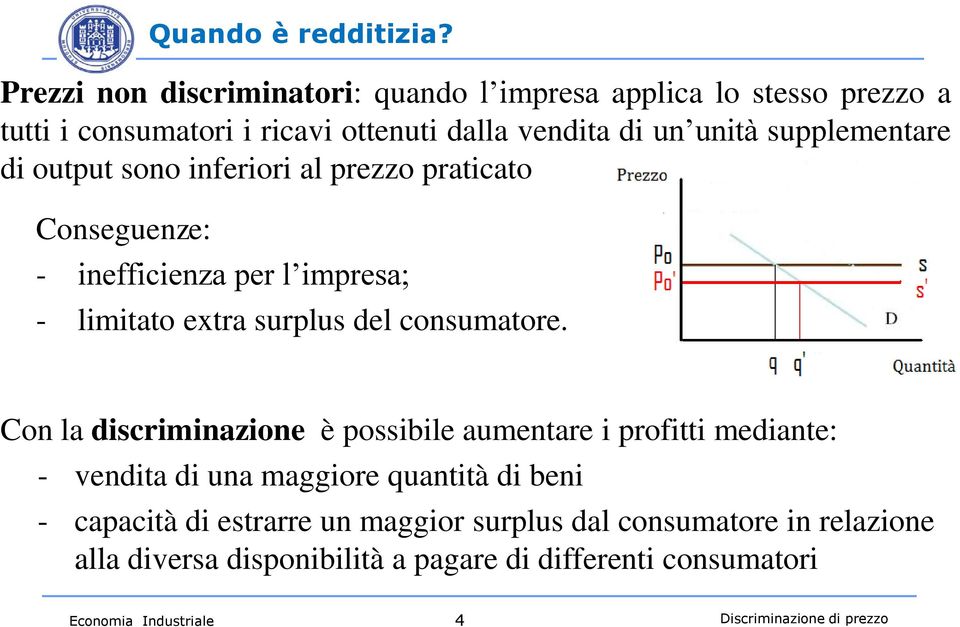 supplementare di output sono inferiori al prezzo praticato Conseguenze: - inefficienza per l impresa; - limitato extra surplus del consumatore.