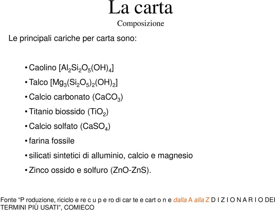 fossile silicati sintetici di alluminio, calcio e magnesio Zinco ossido e solfuro (ZnO-ZnS).